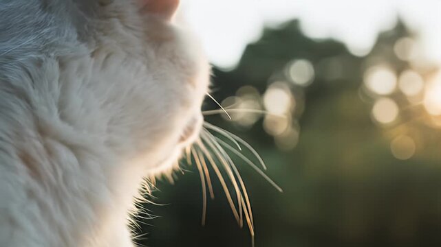 White cat head and long whiskers out of focus with a green, sunlit background