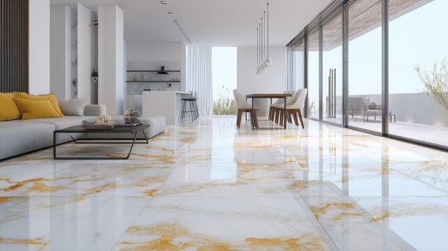 White and gold marble patterned floor in a modern living area.