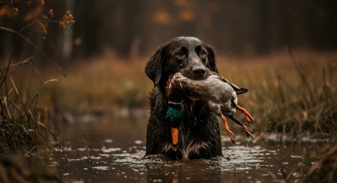 Black gundog retrieving a mallard duck from muddy water, concept of hunting and retrieving game for duck hunter. - Powered by Adobe