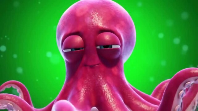 Cheerful cartoon octopus with big eyes and vibrant colors against a bright green background