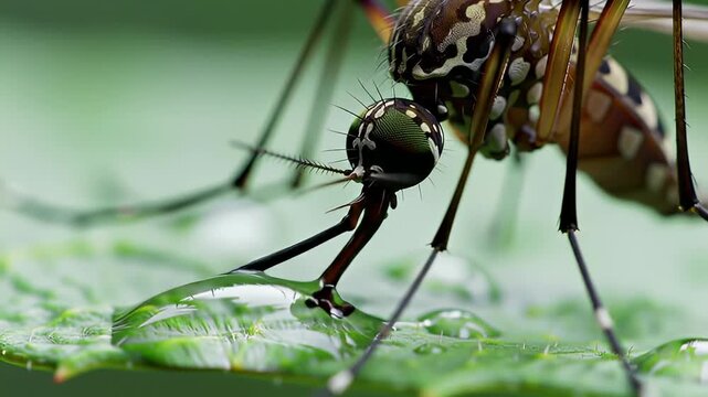 Extreme macro shot of a mosquito standing on a leaf covered in water droplets