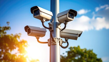 Security Cameras on Pole with Blue Sky Background and Greenery
