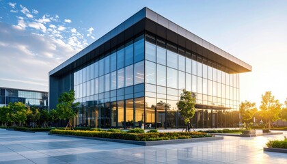 Modern Glass Building at Sunset with Green Landscape Surrounding