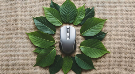 Ecological Computing: A Computer Mouse Framed by Fresh Green Leaves on Burlap Texture