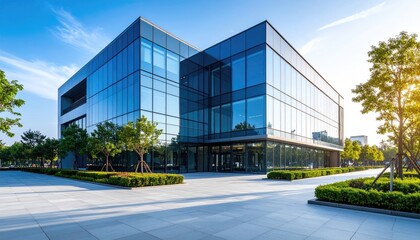 Modern Glass Building with Lush Green Landscaping in Daylight