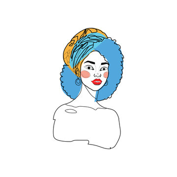 Elegant African Woman in Colorful Headwrap, Line Art Portrait