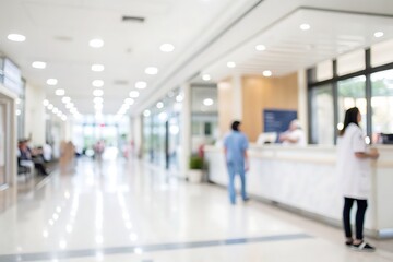 Bright and Modern Hospital Corridor with Healthcare Staff and Patient Waiting Areas