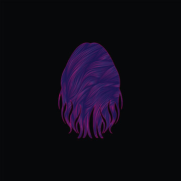 A stylized illustration of vibrant purple hair against a black background.