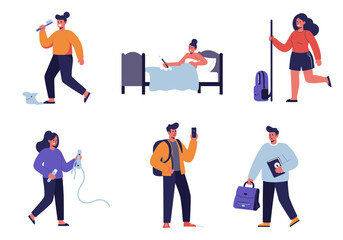 A set of illustrations showing young people engaged in various daily life activities and routines.