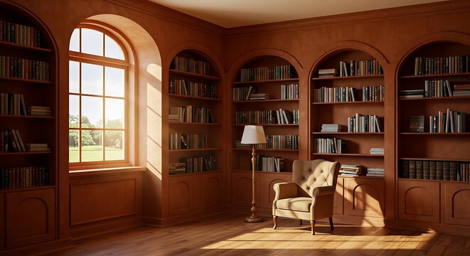 Library alcove with warm terracotta walls, front-facing arched shelves