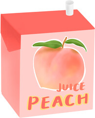 팩으로 된 복숭아 주스 일러스트. 팩은 빨대가 꽂혀 있고 복숭아 일러스트가 그려져 있다. 