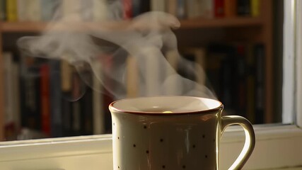 Steaming beverage in a polka-dot mug on a windowsill, with books in background - Powered by Adobe
