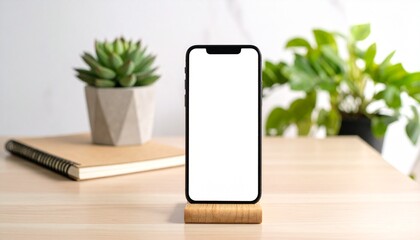 Modern Smartphone Displaying Blank Screen on Wooden Stand with Plants and Notebook