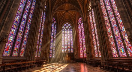 Majestic interior of a historic gothic cathedral with sunlight streaming through colorful stained glass windows, creating a divine spectacle of light.