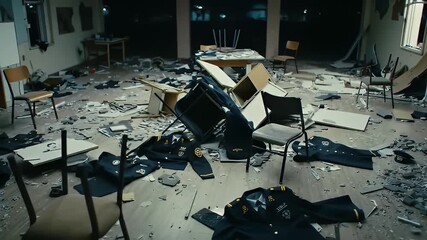 Aftermath scene of a room, filled with debris, overturned furniture, and scattered clothing