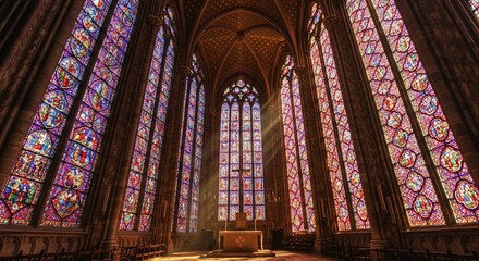 Majestic Gothic chapel interior with sunlight streaming through enormous, colorful stained-glass windows, illuminating the sacred altar and space.