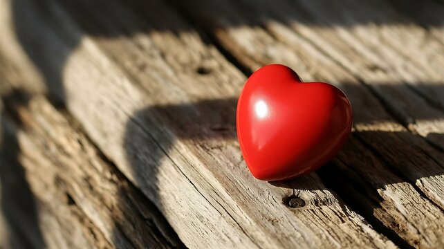 A red heart shape on a rustic wooden surface, symbolizing love, romance, and valentines day with a warm and inviting feel