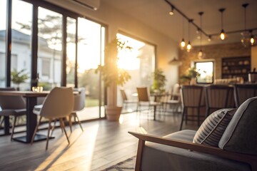 Cozy interior of a modern cafe with natural lighting and stylish furnishings during sunset