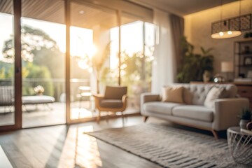 Fototapeta premium Cozy Living Room with Soft Sunlight Streaming Through Large Windows in Modern Design