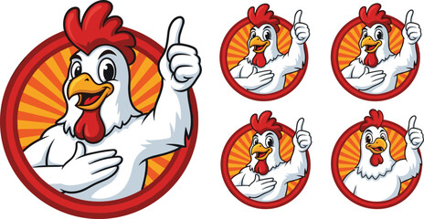 Cartoon chicken mascot, thumbs up pose, vector illustration, poultry character logo, farm animal symbol, food brand icon, funny bird © Biplob Creatives