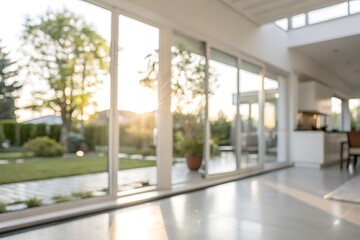 Obraz premium Bright and Airy Modern Living Space with Large Windows and Garden View at Sunset