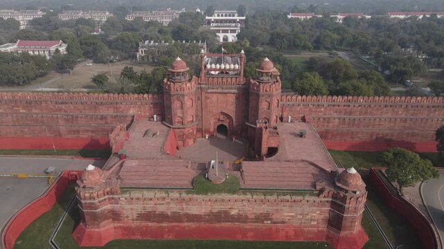Aerial Drone footage of Red Fort Chandni chowk Delhi India