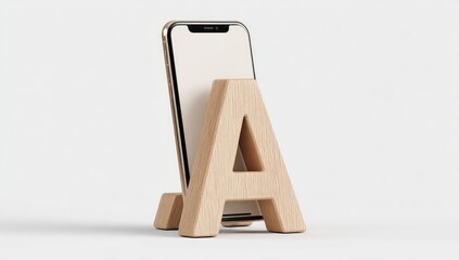 Light-beige wooden letter "A" stand holding a blank smartphone