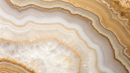 Detailed close-up of a brown and white agate geode showing concentric layers and crystalline center