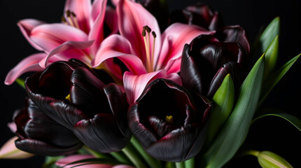 Still life of black tulips and pink lilies bouquet floral arrangement dark background flower photography