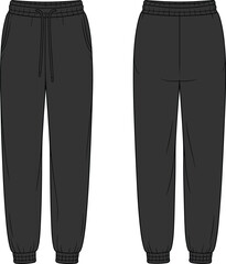 Men’s jogger sweatpants technical flat sketch, black drawstring pants front and back view, cad fashion vector illustration
