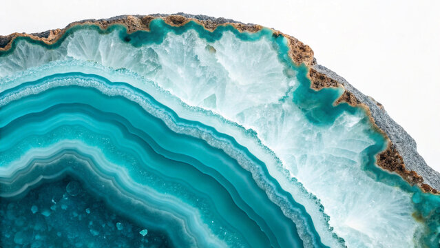 Macro photo of a vibrant blue-green agate geode with white crystal formations on a solid background