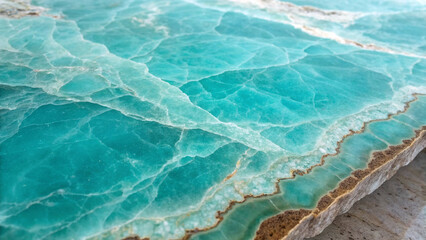 Macro shot of a polished turquoise gemstone surface with unique golden and white cracks