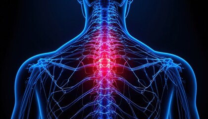 Detailed anatomical illustration of the human spine and nervous system in the back.