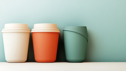Reusable coffee cups in various colors on shelf