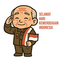 Obraz premium Indonesia Independence Day Smiling Veteran Character Holding Flag and Saluting