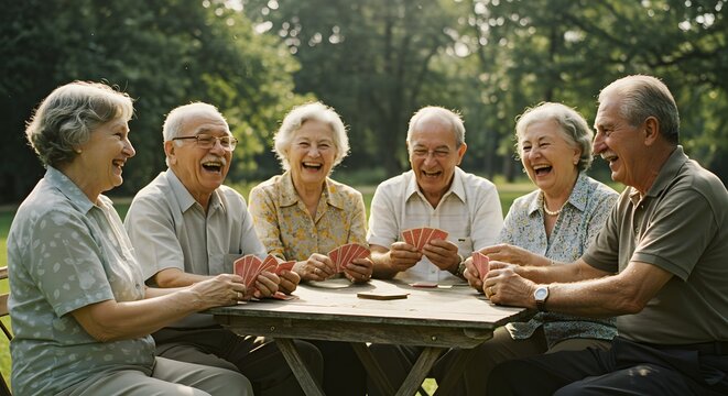 Senior citizens enjoying a game of cards outdoors, filled with laughter and companionship.