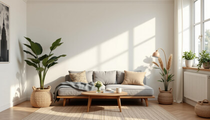 Cozy living room featuring modern sofa with decorative pillows, wooden coffee table, and indoor plants. Natural light streams through large windows, creating warm and inviting atmosphere
