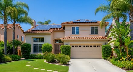 Two-story house with solar panels and palm trees