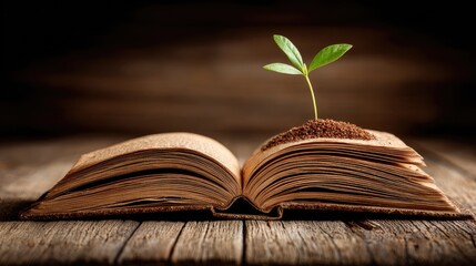 An old book with a small sprout growing from the pages.