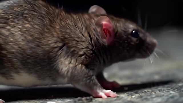 Side view of a brown rat, walking on a dirty surface, focused on the pink ear and shiny eye