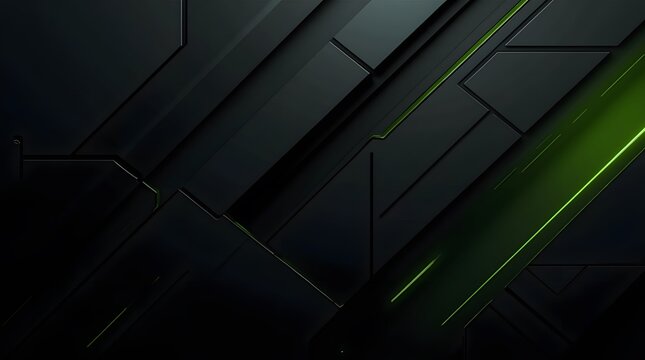 Dark abstract background with futuristic geometric panels and green accent lighting. A modern, high-tech design for technology, gaming, or corporate presentations.