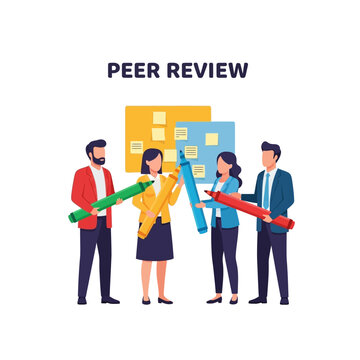 A collaborative team of professionals engages in a peer review process, using colorful markers and a whiteboard to brainstorm and provide constructive feedback on a project.