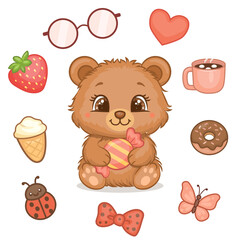 Adorable Fluffy Cartoon Brown Bear holding a Candy, Surrounded by sweet and playful elements such as a donut, strawberry, bow, heart, ladybug, butterfly, ice cream, glasses and cup. 