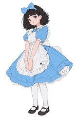 Fototapeta premium ブルーのアリス風ドレスを身にまとった少女が登場する、手描きアニメ調のファンタジーイラスト。不思議の国の情景を思わせる幻想的で優雅な世界観が魅力の作品です。