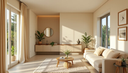 Bright and airy home interior featuring modern living room with large windows, soft beige walls, and natural light. space includes comfortable sofa, round coffee table, and decorative plants