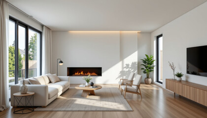 Modern living room features cozy sofa, stylish armchairs, and sleek fireplace. Natural light floods space, highlighting minimalist decor and warm wooden accents, creating serene atmosphere