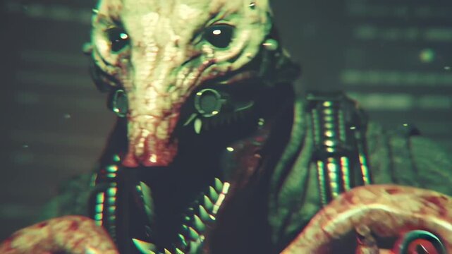 Alien creature with sharp teeth and cybernetic implants blinking and opening its mouth in a dark environment footage.