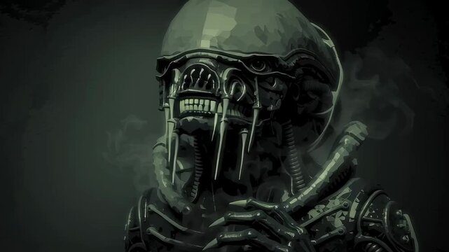 Biomechanical creature holding a small infant transforms into a fierce predator with open mouth fangs, alien evolution footage.