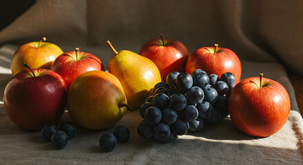 Sunlit still life of fresh autumn harvest fruits creating a warm and rustic ambiance