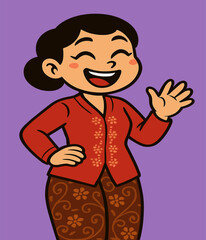 Cartoon woman in a red kebaya, cheerful smile, waving gently against a solid purple background.